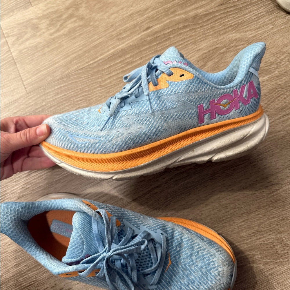 Hoka Sky Blue and Tangerine Sneakers